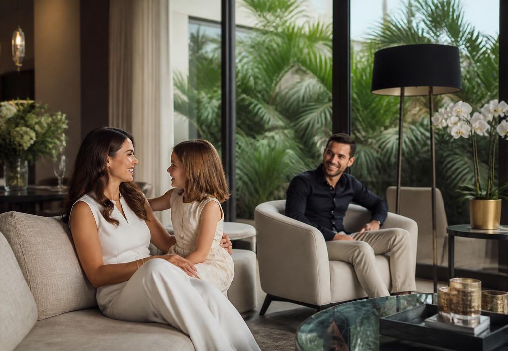 Família reunida em sala de estar de residência de luxo com vista para o jardim